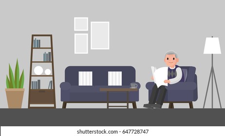 grandfather sitting on a sofa in living room. Vector illustration.