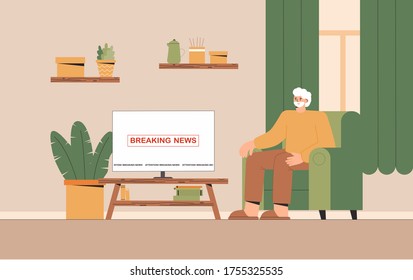 Grandfather sitting on sofa watching tv news at home in cozy room. Flat style vector illustration.