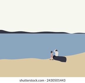 Grandfather sitting on stone play with grandchild on the beach. Relax and enjoy tropical summer lifestyle travel holiday vacation. 