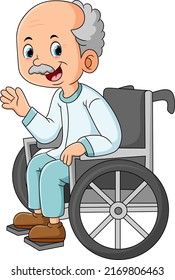 The grandfather is sitting on the wheelchair and hand waving of illustration