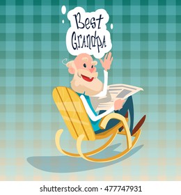 Grandfather Sitting In Rocking Chair Best Grandpa Grandparents Day Greeting Card Flat Vector Illustration