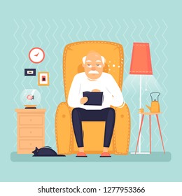 Grandfather is sitting with a tablet. Interior. Internet, modern old people, pensioners. Flat design vector illustration