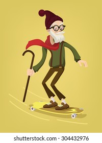 Grandfather skater. Vector cartoon flat illustration