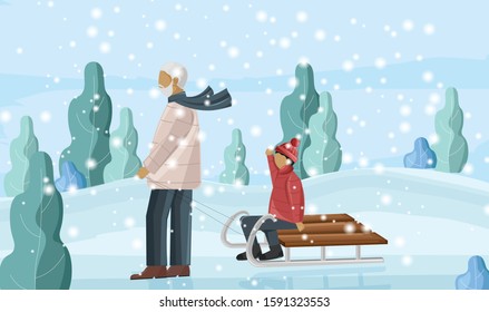 Grandfather sledging with grandson. Snowing outside in the park. Winter holidays vector