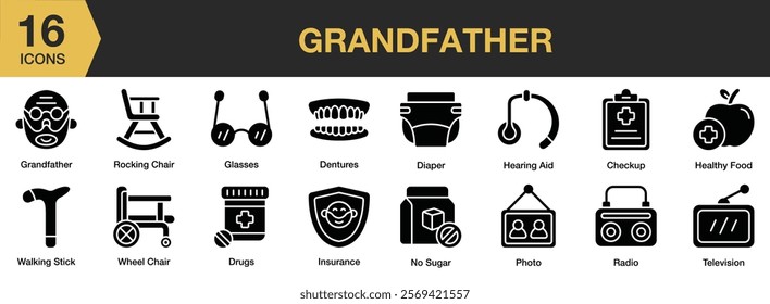 Grandfather solid icon set. Includes Avatar, Elder, Grandfather, Grandpa, Old, Papa, Senior, and More. Solid icons vector collection.