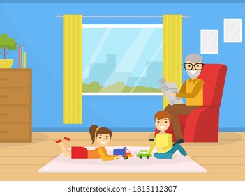 Grandfather Spending Time with Grandchildren at Home, Cute Boy and Girl Playing Toys, Grandparent Sitting on Armchair and Reading Newspaper Cartoon Vector Illustration