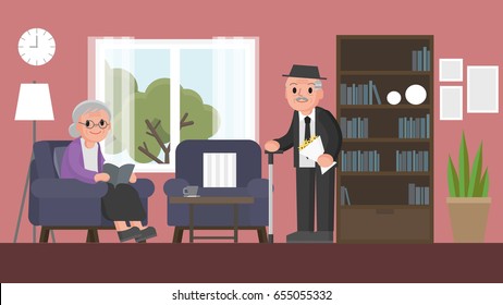 grandfather is standing and grandmother is sitting on a sofa in living room. Senior couple in house. Vector illustration.