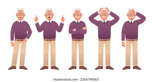 Grandfather stands dissatisfied with his arms crossed, thinking about something, pointing at something, in anger, in sadness. An old white man with glasses, a lilac sweater and beige trousers