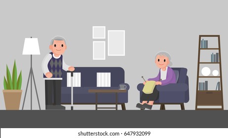 grandfather stands in front of grandmother who sits on a sofa in living room. senior couple in living room. Vector illustration.