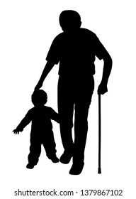 Grandfather with stick and child walking