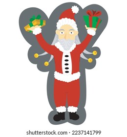 a grandfather with straight hair became Santa Claus and brought two gifts