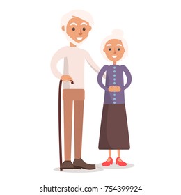 Grandfather in sweater and trousers with beard and wooden cane stands beside grandmother in long skirt and purple jacket isolated vector illustration.