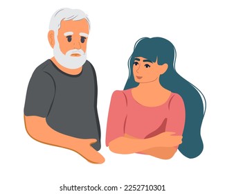 
Grandfather is talking to his daughter and granddaughter. Flat vector illustration.