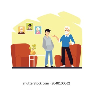 Grandfather Talking To His Grandson, Flat Vector Illustration Isolated On White Background. Teen Boy Having Conversation With His Grandparent. Family Communication.