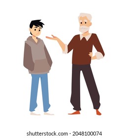 Grandfather Talking To Unhappy Teenage Grandson, Flat Vector Illustration Isolated On White Background. Grandparent Helps Grandson To Solve Problems Of Adolescent.