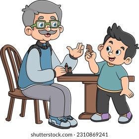 a grandfather teaches his grandson to play strategic chess of illustration