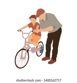 Grandfather teaching boy to ride a bicycle. Vector isolated flat illustration