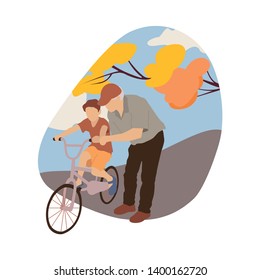 Grandfather teaching boy to ride a bicycle. Vector isolated flat illustration