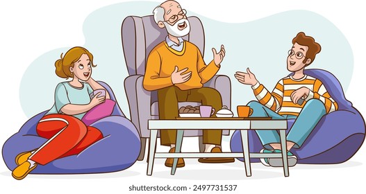 Grandfather telling funny stories to grandchildren of family sitting on couch and laughing, grandfather spending time with children, old man telling story vector illustration