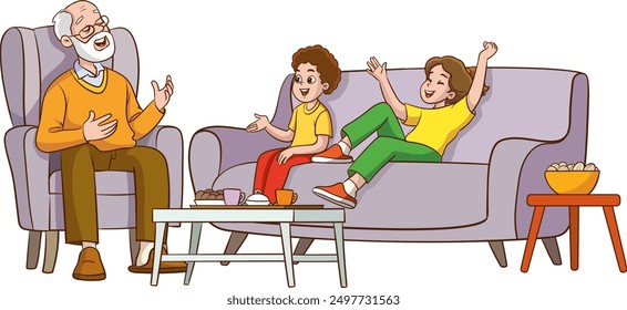 Grandfather telling funny stories to grandchildren of family sitting on couch and laughing, grandfather spending time with children, old man telling story vector illustration