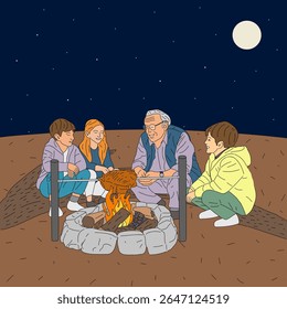 Avô contando história para netos felizes em uma ilustração vetor da selva