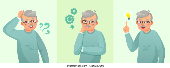 Grandfather thinking. Elderly man solved question, thoughtful senior male and confused old people. Forget and worried, suffering and dreaming grandpa vector cartoon concept illustration