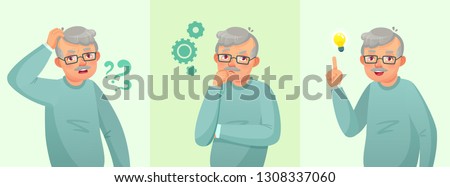 Grandfather thinking. Elderly man solved question, thoughtful senior male and confused old people. Forget and worried, suffering and dreaming grandpa vector cartoon concept illustration