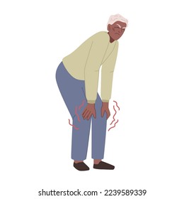 Grandfather touching knees, pain and aches in body parts. Isolated elderly personage with health problems. Flat cartoon character, vector illustration