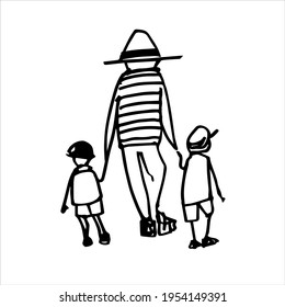 A grandfather with two grandchildren. A hand-drawn sketch, doodle. Vector illustration