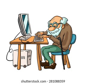 Grandfather Is Typing Text Using The Keyboard. Old Man And Computer.