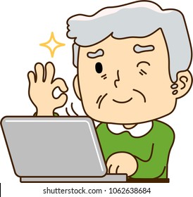 Grandfather using a laptop computer,All right