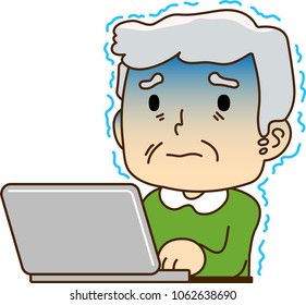 Grandfather using a laptop computer,Be afraid