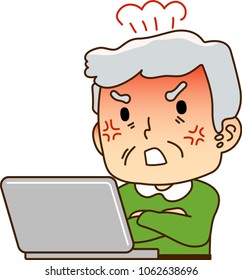 Grandfather using a laptop computer,Get enraged