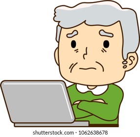 Grandfather using a laptop computer,To worry