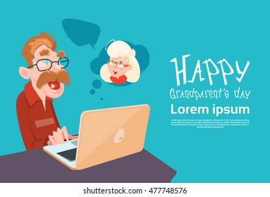 Grandfather Using Laptop Social Network Happy Grandparents Day Banner Flat Vector Illustration