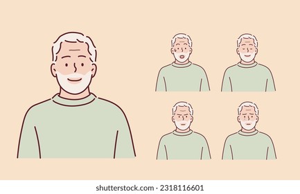 grandfather with various facial expressions. Hand drawn style vector design illustrations.