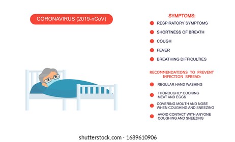 Grandfather with virus disease cartoon character.  Sick old man with medical mask in hospital bed. Patient relaxing under blanket. Infographics list of recommendations for protection against coronavirus