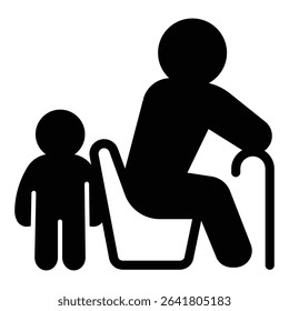 Grandfather with walking cane and child solid icon, family lawyer concept. Vector graphics. Old man and kid, inheritance sign on white background, style mobile or design