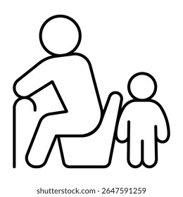 Avô com bengala e ícone de linha fina infantil, conceito de advogado familiar. Gráficos vetoriais. Homem velho e criança, sinal de herança no fundo branco, estilo móvel ou design