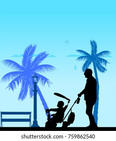 Grandfather walking with his grandson on a tricycle on the beach, one in the series of similar images silhouette