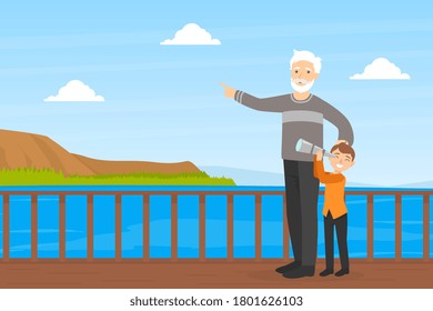 Grandfather Walking with his Grandson in Park, Boy Looking through Spyglass, Elderly Man Spending Time with his Grandchild Cartoon Vector Illustration