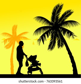 Grandfather walking with his grandson in stroller on the beach