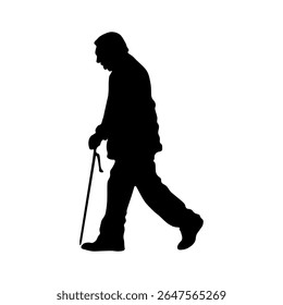 Vovô andando com um bastão. Um homem idoso andando com uma bengala