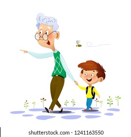 Grandfather walks with his grandson and talking to him and and points at something away from them. Grandfathers love and care. Vector illustration on white background.