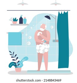 Grandfather washes with washcloth with shower gel or soap. Shelf with shampoos and skincare products. Elderly man washes with sponge in bathroom. Routine hygiene procedures. Flat vector illustration