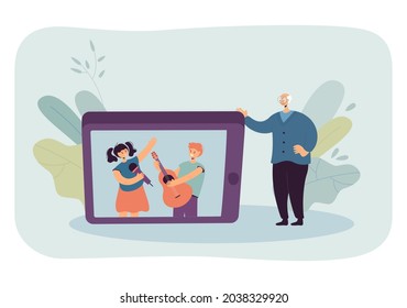 Grandfather watching grandchildren performing through huge phone. Girl singing into mic, boy playing guitar, old man smiling flat vector illustration. Technology, communication, music concept