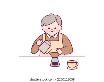 A grandfather wearing an apron is working at a cafe. outline simple vector illustration.