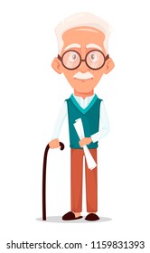 Grandfather wearing eyeglasses. Silver haired grandpa. Cartoon character with walking stick. Vector illustration on white background.