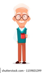 Grandfather wearing eyeglasses. Silver haired grandpa. Cartoon character holding a cup of hot drink. Vector illustration on white background.