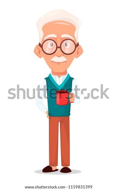 眼鏡をかけた祖父 銀髪のおじいちゃん 熱い飲み物を持つ漫画のキャラクター 白い背景にベクターイラスト のベクター画像素材 ロイヤリティフリー